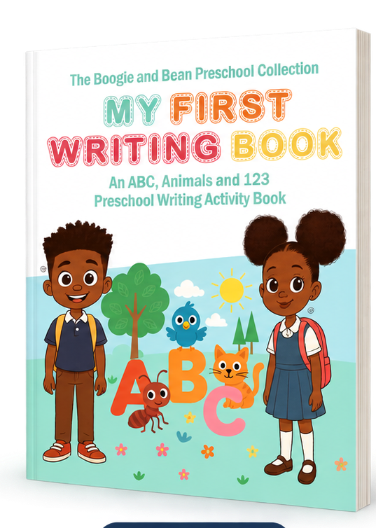 My First Writing Book three-dimensional book mockup featuring Boogie and Bean