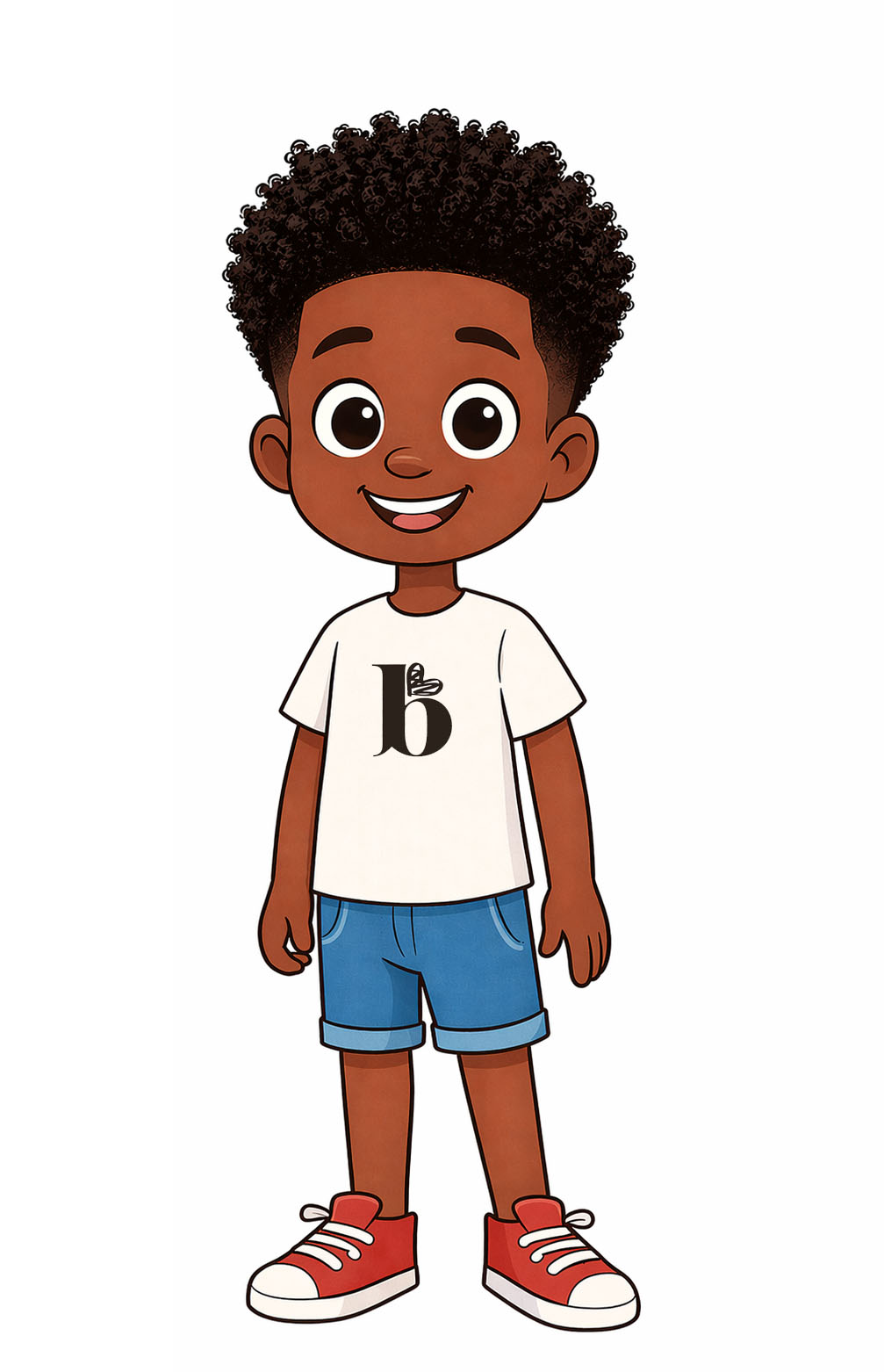 Bean, a smiling young boy with curly hair, wearing a white t-shirt, blue shorts and red sneakers