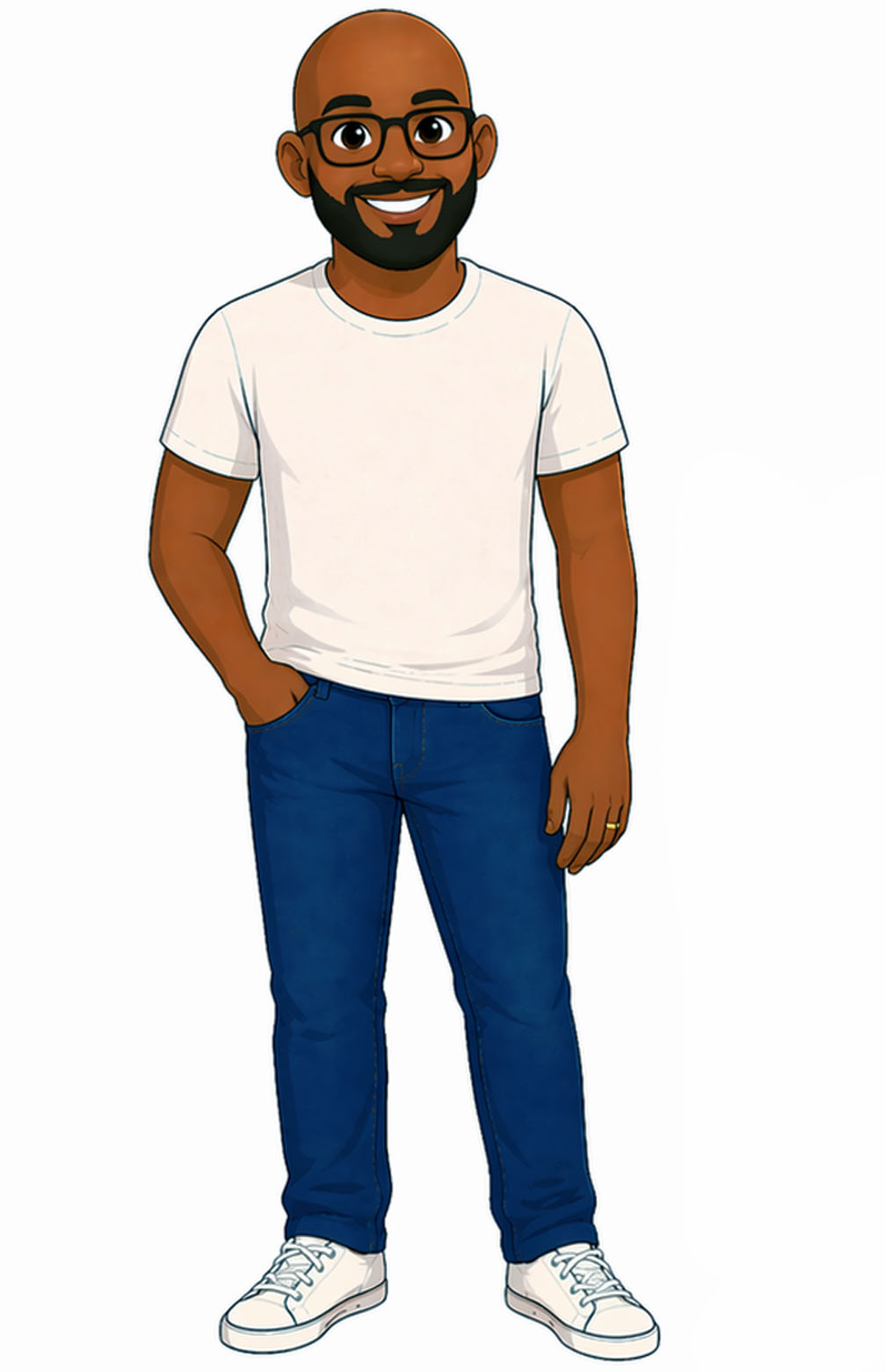 Dad, smiling with glasses and a beard, wearing a white t-shirt and blue jeans