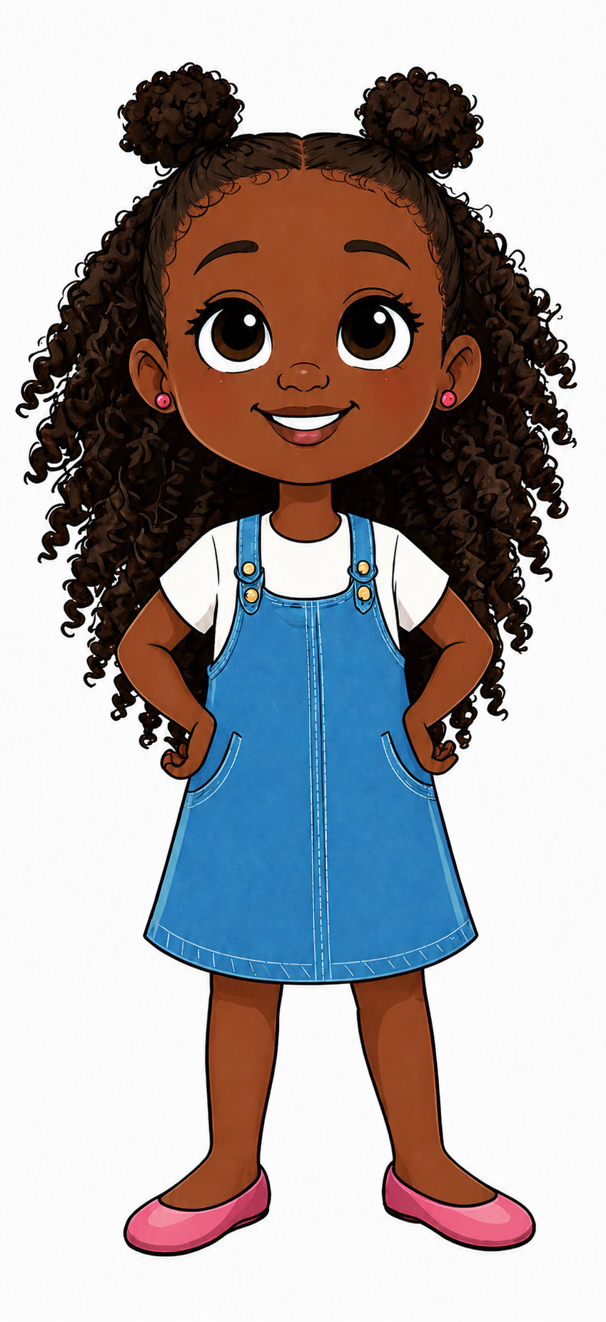 Boogie, a smiling young Black girl with long curly hair in two puff buns, wearing a white tee, blue denim pinafore dress and pink flats