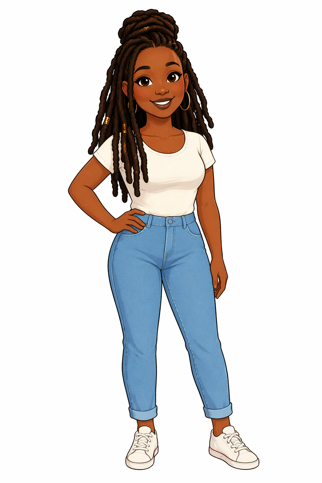 Mom, smiling with long locs, wearing a white t-shirt and blue jeans