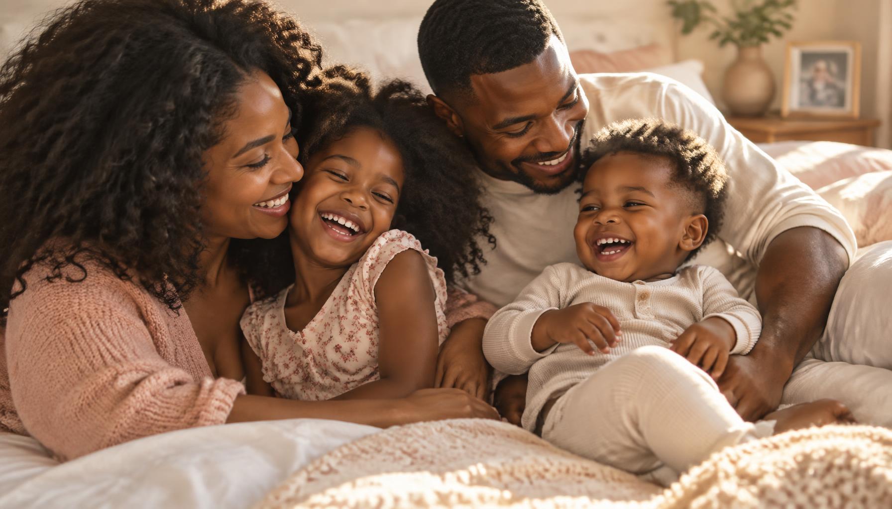 A happy Black family — mother, father, daughter and baby son — laughing together at home
