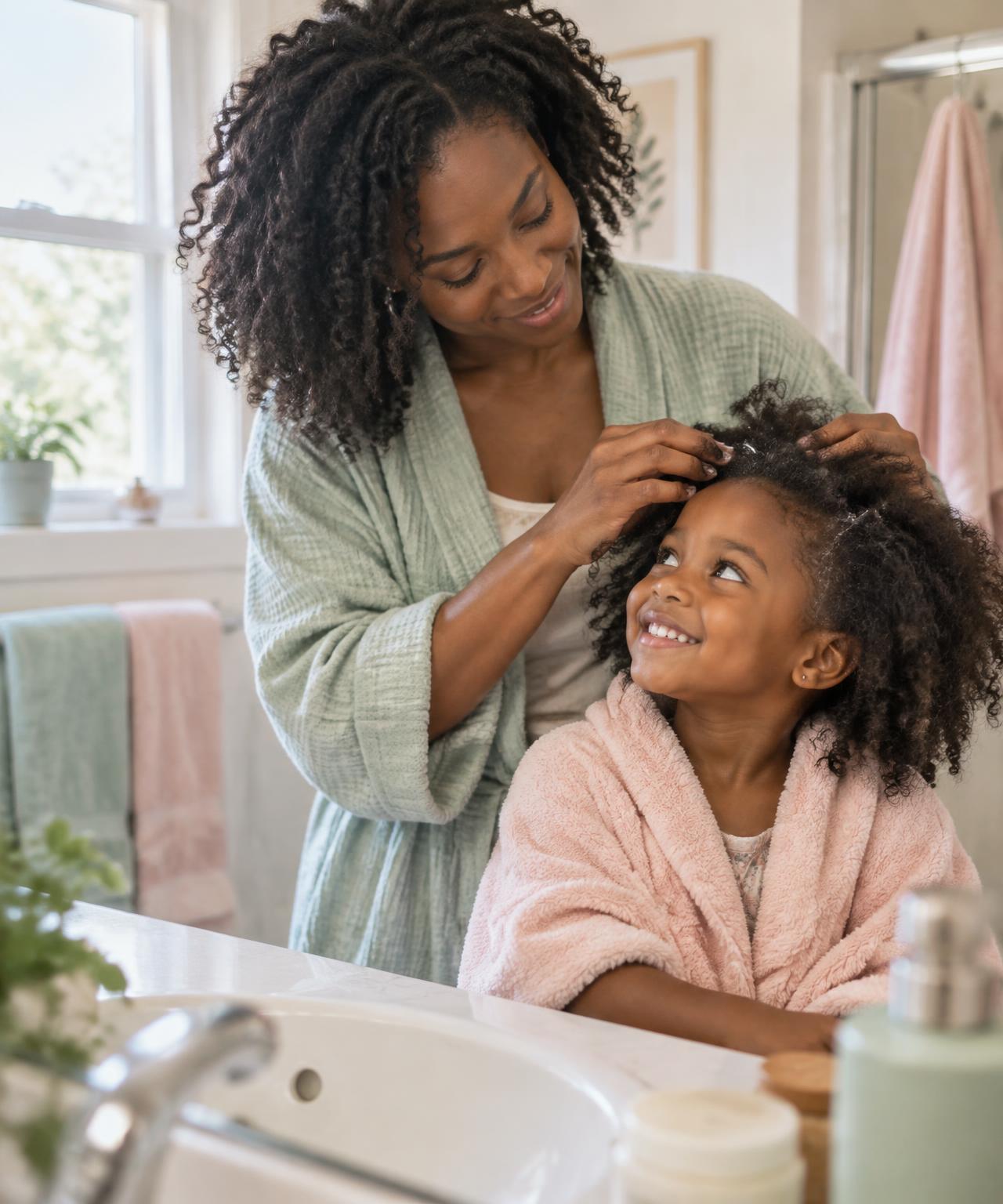 A Black mother gently caring for her smiling daughter's natural curls at the bathroom sink